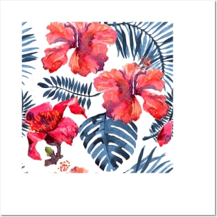 Watercolor tropical leaves and plants. Hand painted jungle greenery background Posters and Art